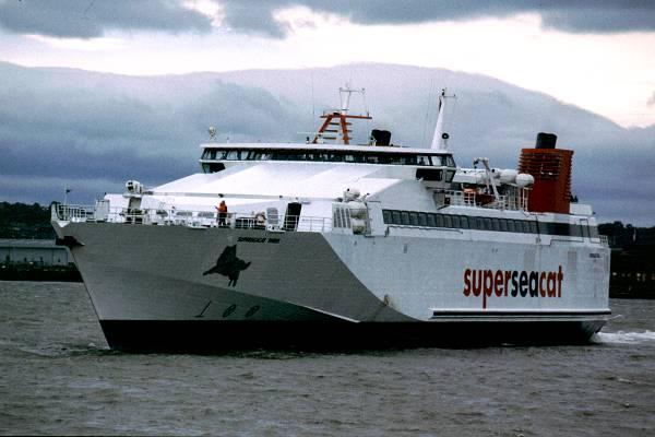 Photograph of the vessel  Superseacat Three pictured arriving in Liverpool on 19th June 1999