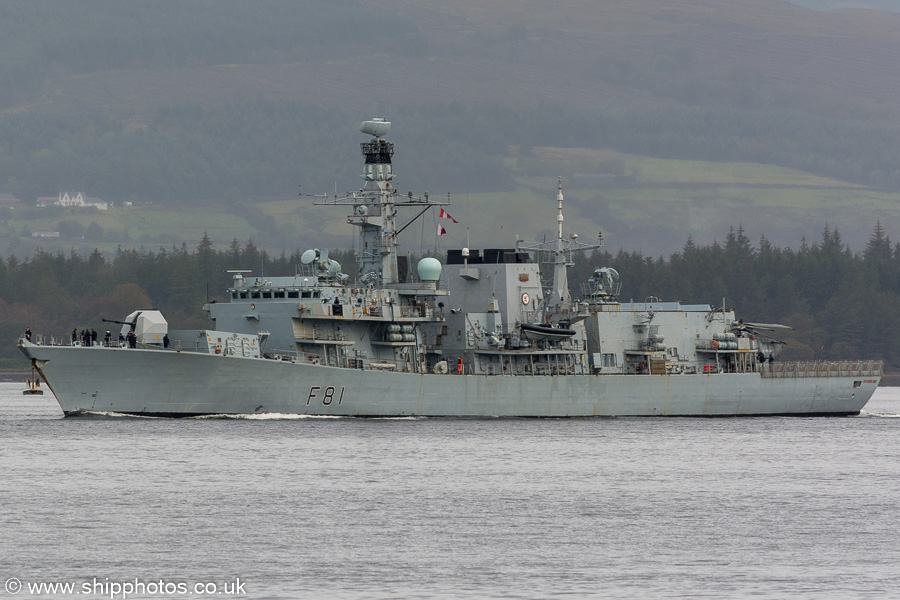 Photograph of the vessel HMS Sutherland pictured passing Greenock on 6th October 2019