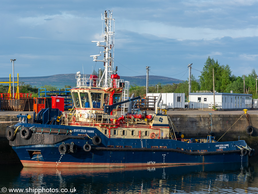 Photograph of the vessel  Svitzer Hawk pictured in James Watt Dock, Greenock on 9th May 2024