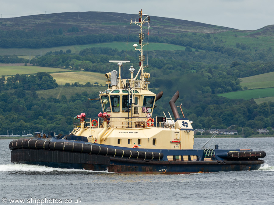 Photograph of the vessel  Svitzer Warden pictured passing Port Glasgow on 24th June 2024