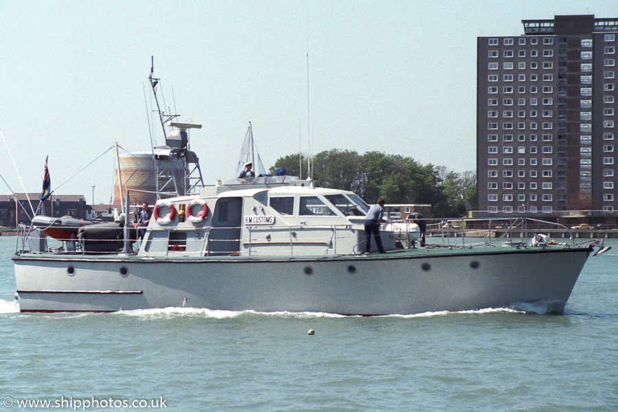 Photograph of the vessel HMCC Swift pictured arriving in Portsmouth Harbour on 7th May 1989