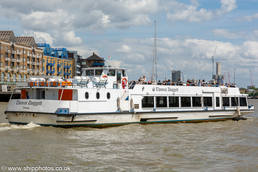 Photograph of the vessel  Thomas Doggett pictured in London on 6th July 2023