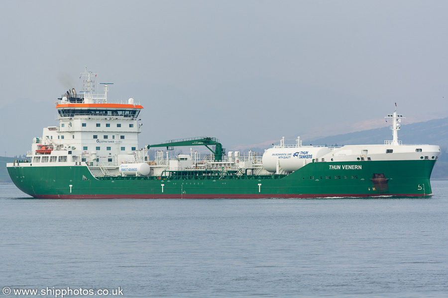 Photograph of the vessel  Thun Venern pictured passing Greenock on 24th March 2022