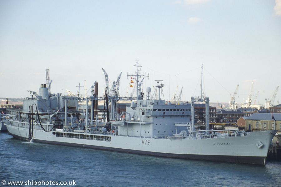 Photograph of the vessel RFA Tidespring pictured in Portsmouth Naval Base on 27th August 1989