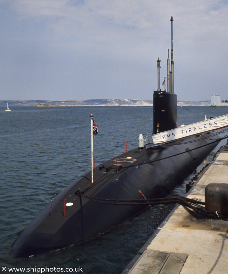 Photograph of the vessel HMS Tireless pictured in Portland Harbour on 23rd July 1989