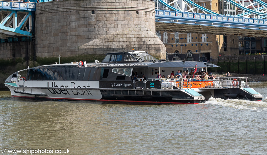 Photograph of the vessel  Tornado Clipper pictured at Tower Bridge on 20th July 2025