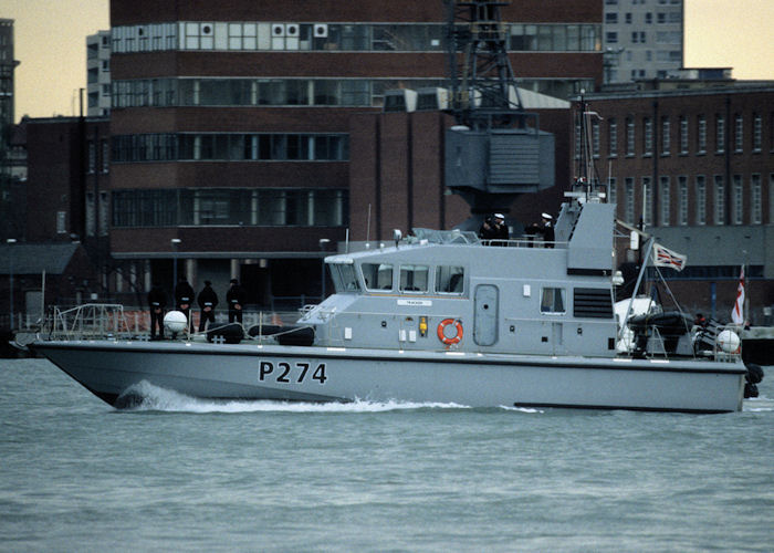 Photograph of the vessel HMS Tracker pictured arriving in Portsmouth Harbour on 4th February 1998