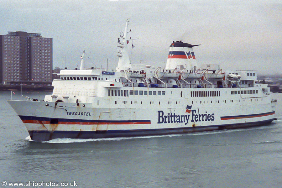 Photograph of the vessel  Tregastel pictured departing Portsmouth on 7th January 1989