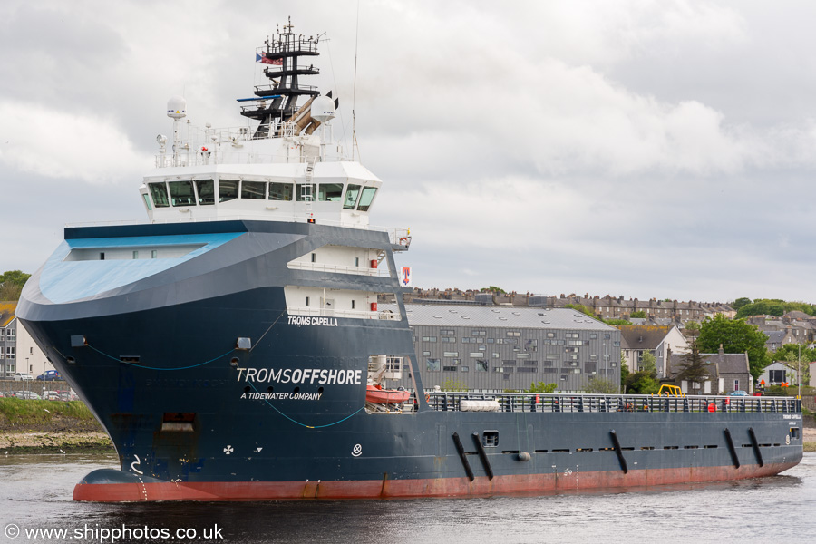 Photograph of the vessel  Troms Capella pictured departing Aberdeen on 28th May 2019