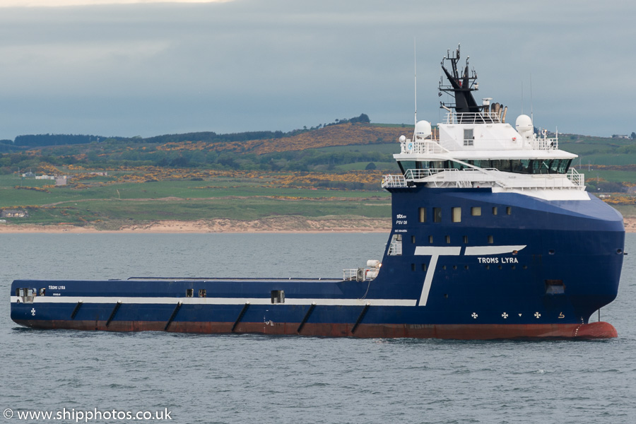 Photograph of the vessel  Troms Lyra pictured at anchor in Aberdeen Bay on 22nd May 2015
