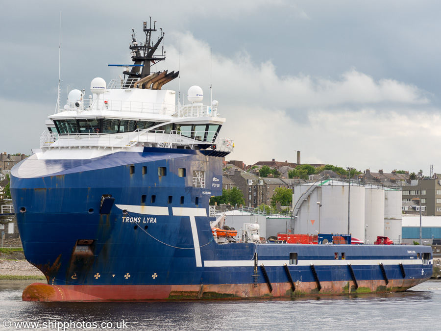 Photograph of the vessel  Troms Lyra pictured departing Aberdeen on 28th May 2019
