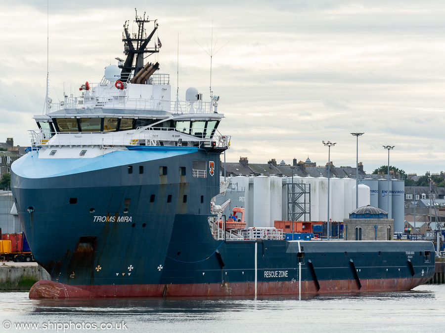 Photograph of the vessel  Troms Mira pictured at Aberdeen on 9th August 2023