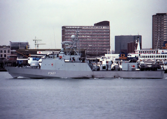 Photograph of the vessel KNS Umoja pictured entering Portsmouth Harbour on 18th December 1987