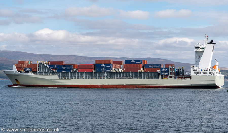 Photograph of the vessel  Vera Rambow pictured departing Greenock Ocean Terminal on 20th April 2025