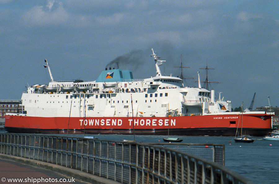 Photograph of the vessel  Viking Venturer pictured departing Portsmouth Harbour on 25th July 1987