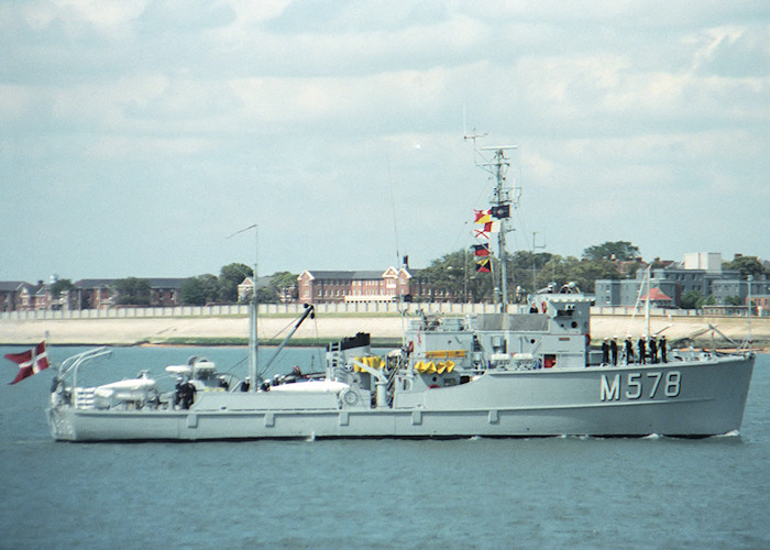 Photograph of the vessel KDM Vilsund pictured entering Portsmouth Harbour on 5th June 1988