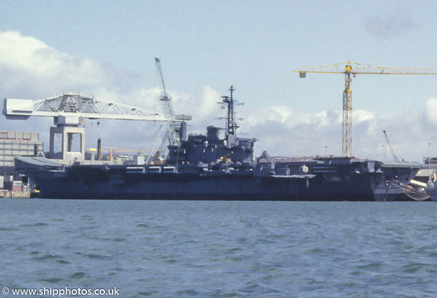 Photograph of the vessel INS Viraat pictured refitting in Devonport Naval Base on 20th April 1987
