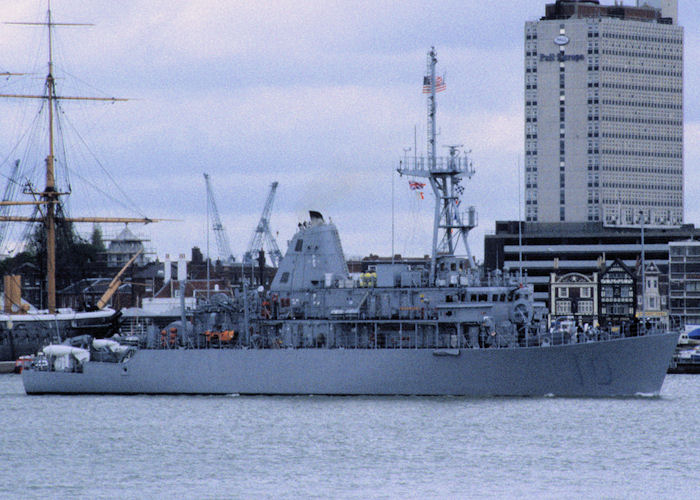 Photograph of the vessel USS Warrior pictured departing Portsmouth Harbour on 18th April 1995