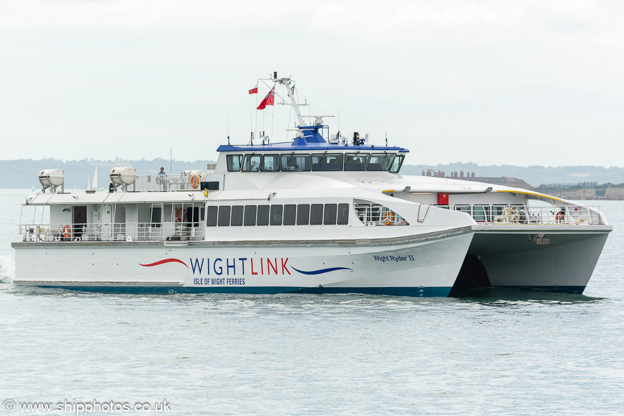Photograph of the vessel  Wight Ryder II pictured approaching Portsmouth on 8th July 2023