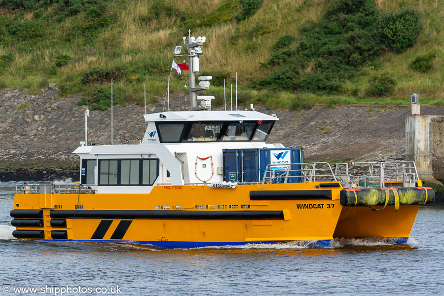 Photograph of the vessel  Windcat 37 pictured arriving at Aberdeen on 9th August 2023