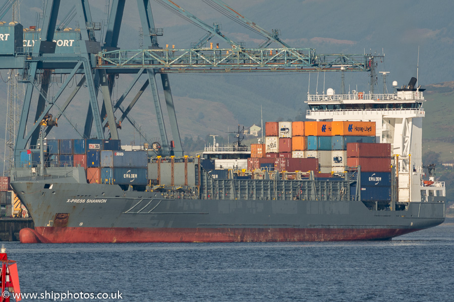 Photograph of the vessel  X-Press Shannon pictured arriving at Greenock Ocean Terminal on 10th October 2016