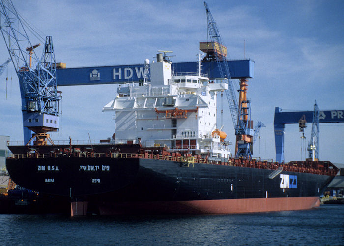 Photograph of the vessel  Zim U.S.A. pictured fitting out in Kiel on 7th June 1997